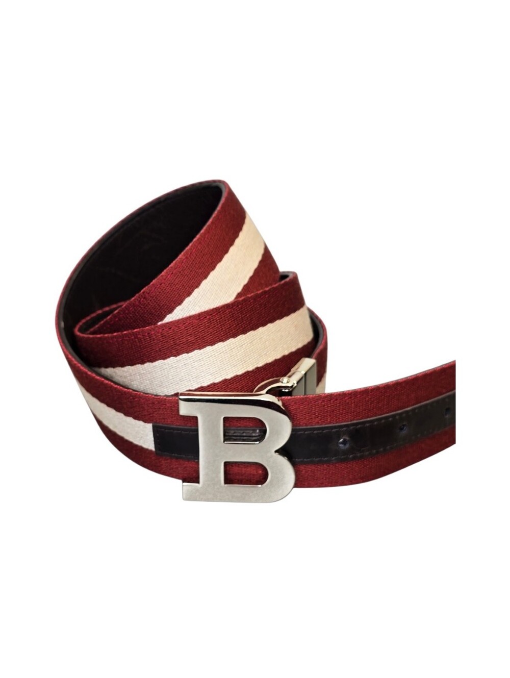 Bally Men's Size 90/36 Reversible B Buckle Canvas & Leather Belt Burgundy/Cream